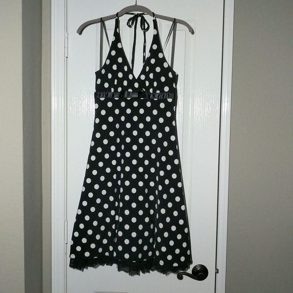 Black and White Polkadot Halter Dress